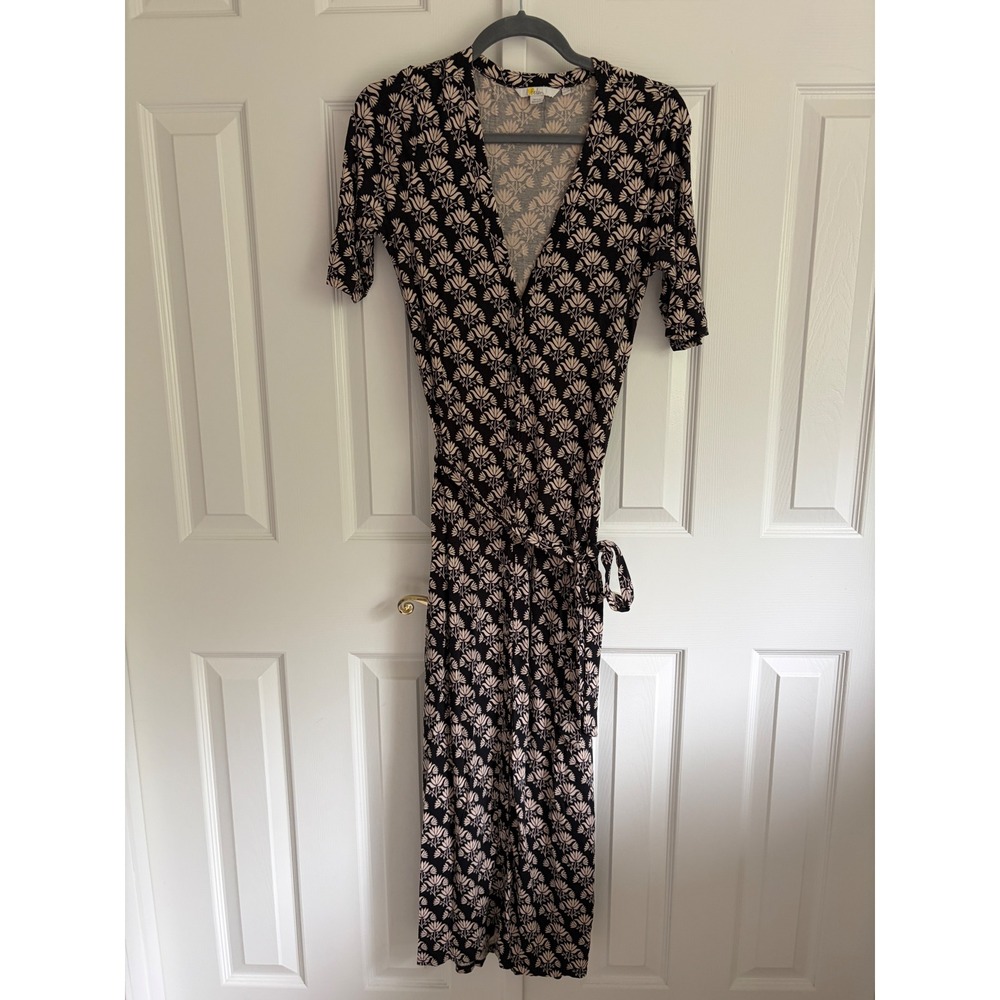 Boden Wrap Dress US 4R Black Tan Floral Botanical Whimsigoth Parisian Boho